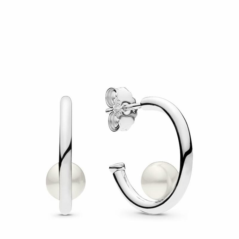 Pandora Contemporary Pearls Hoop Earrings Ireland - Sterling Silver/White/Freshwater Cultured Pearl